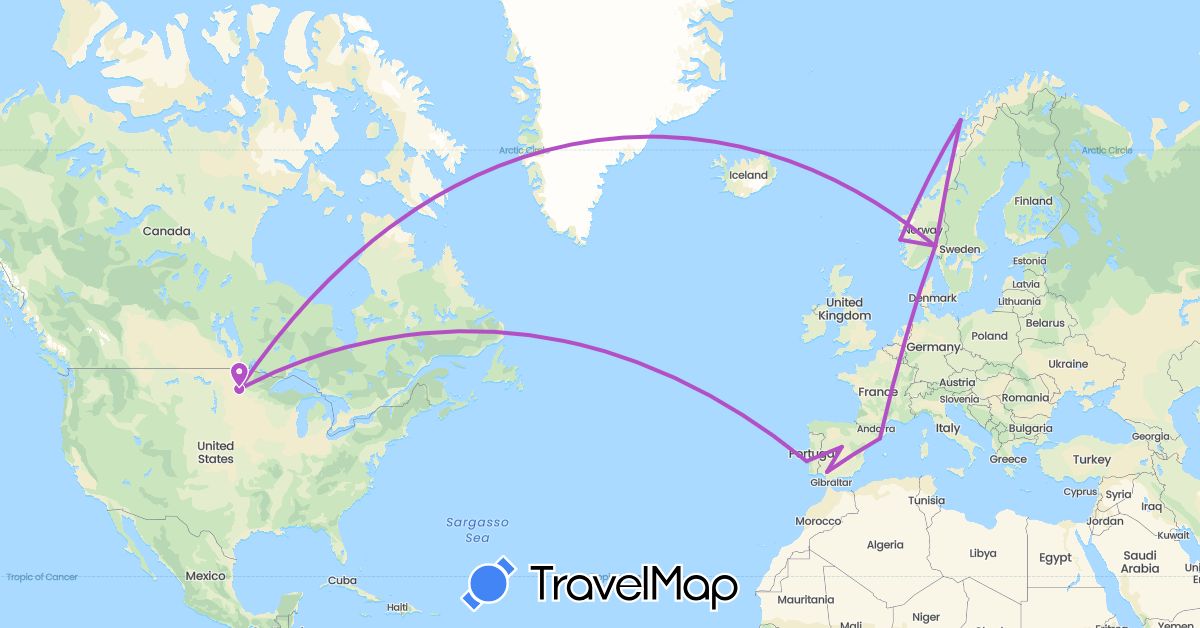 TravelMap itinerary: driving, train in Spain, Norway, Portugal, United States (Europe, North America)